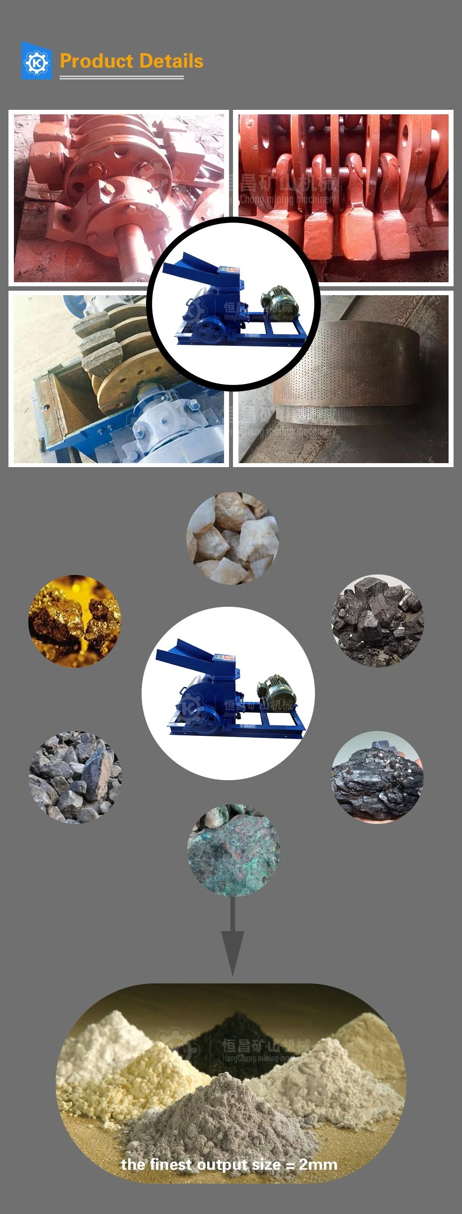 Small Capacity Gold Mining Machinery Stone Hammer Mill Crusher Gold Rock Hammer Mill for 2mm Discharge